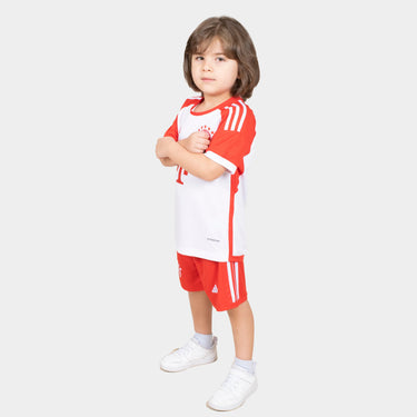 Bayern Munchin Kids Kit Home Season 23/24 Designed By Mitani Store , Regular Fit Jersey Short Sleeves And Ribbed Crewneck In White Color